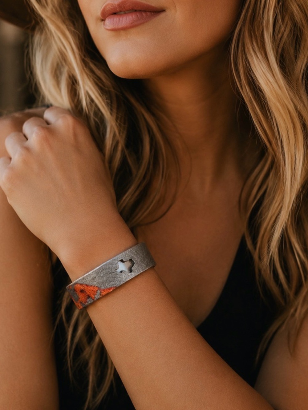 RUSTIC CUFF Western Style TEXAS Cutout Cuff Bracelet with Leather and Calfhair